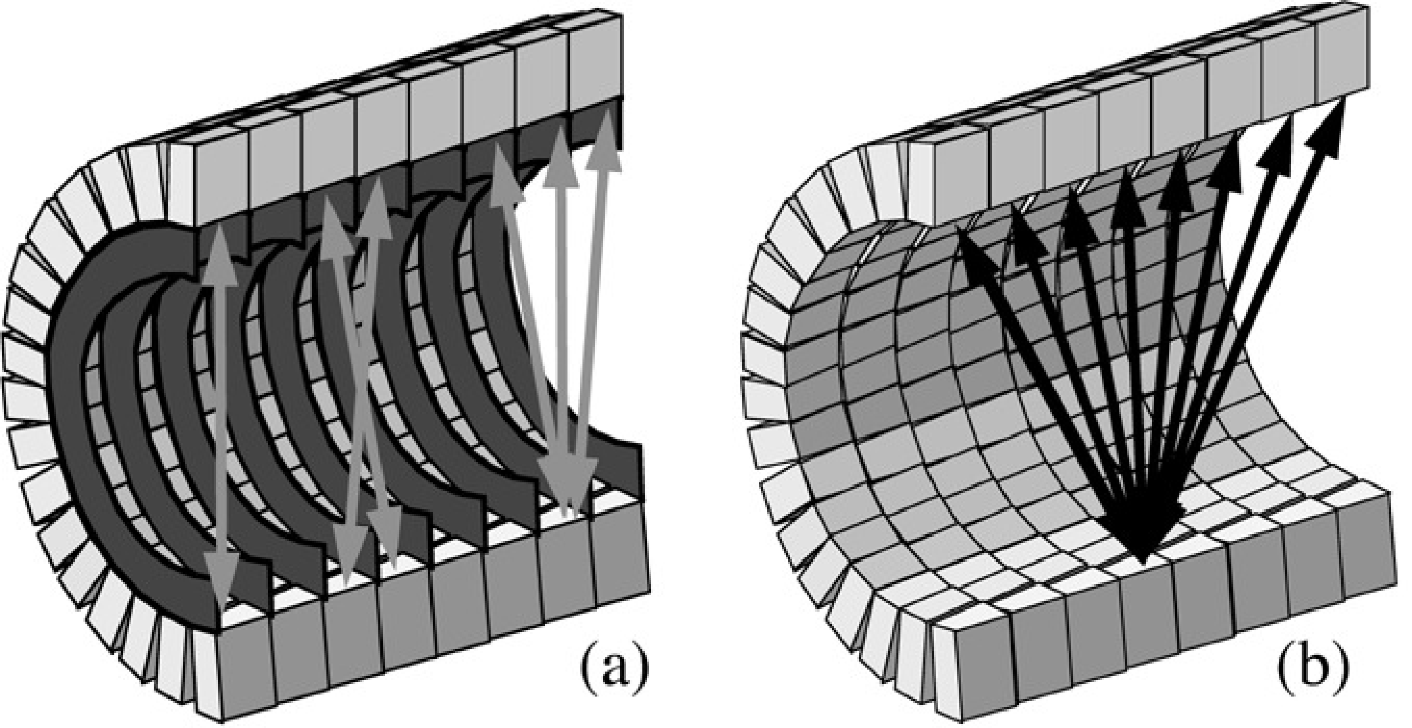 Positron emission tomograph (cut in half). When septa are in the field of view (a), the camera can be regarded as a series of separate 2D systems. Coincidences along oblique projection lines between neighboring rings can be treated as parallel projection lines from an intermediate plane. This doubles axial sampling: 15 planes are reconstructed from 8 rings. Retracting the septa (b), increases the number of projection lines and hence the sensitivity of the system, but fully 3D reconstruction is required.
