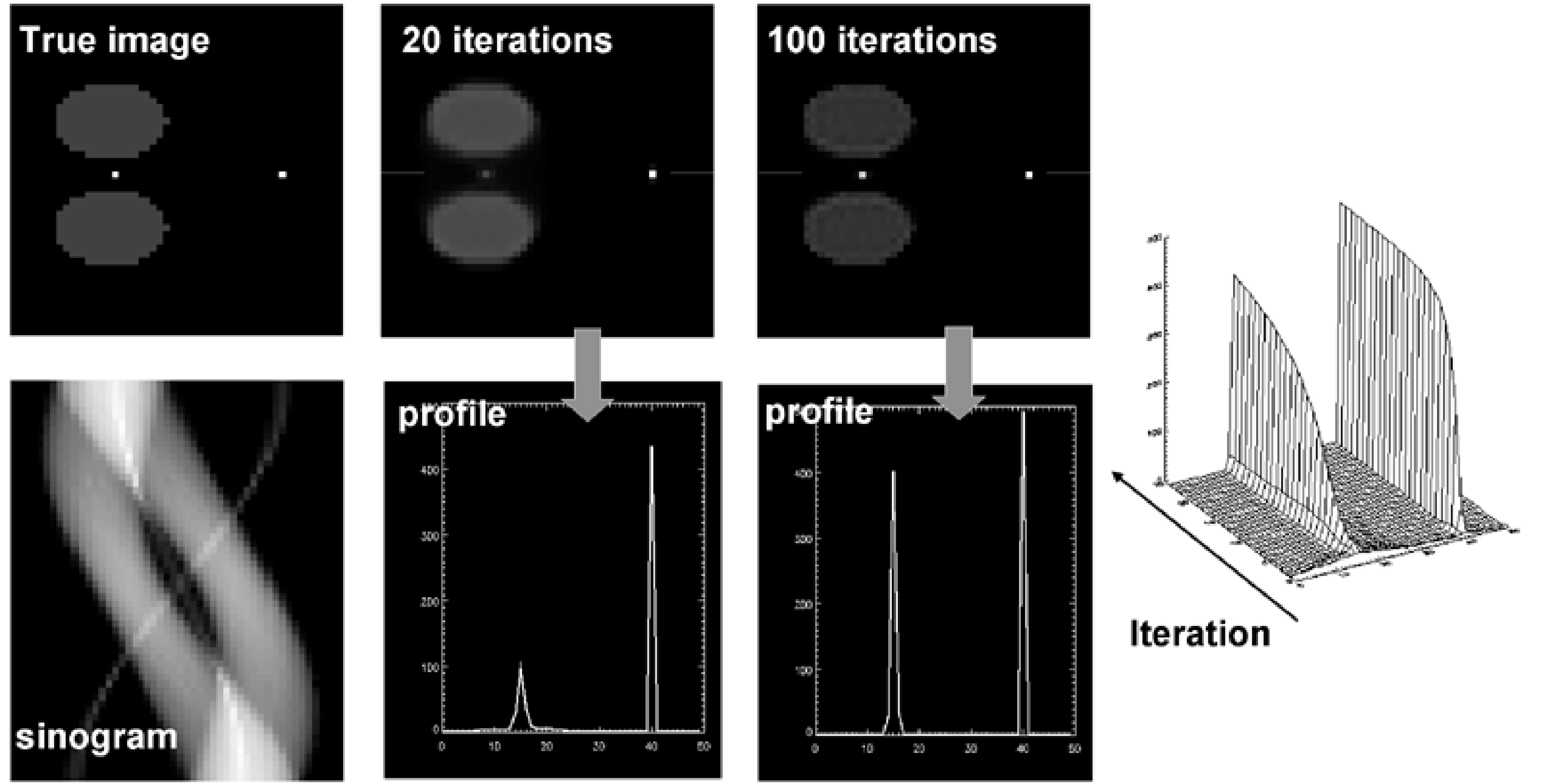 Simulation designed to challenge convergence of MLEM: the point between the hot regions convergence very slowly relative to the other point. The maximum converges slower than the width, so counts are not preserved.