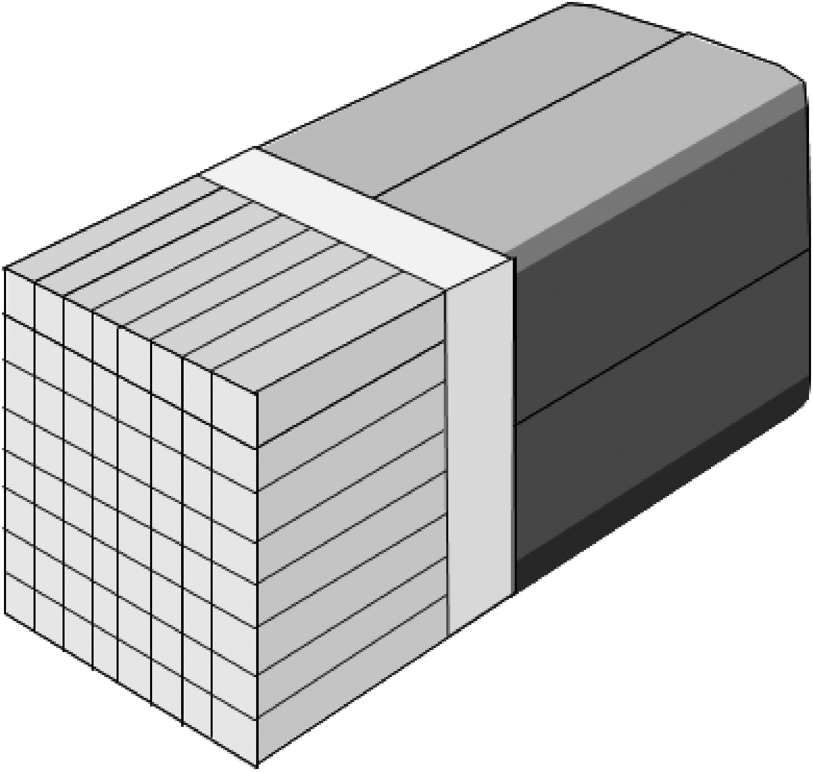 Multi-crystal module. The outputs of four photomultipliers are used to compute in which of the 64 crystals the scintillation occurred.