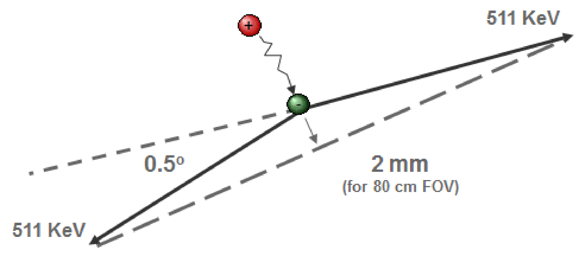 The distance traveled by the positron and the deviation from 180 degrees in the angle between the photon paths limit the best achievable resolution in PET