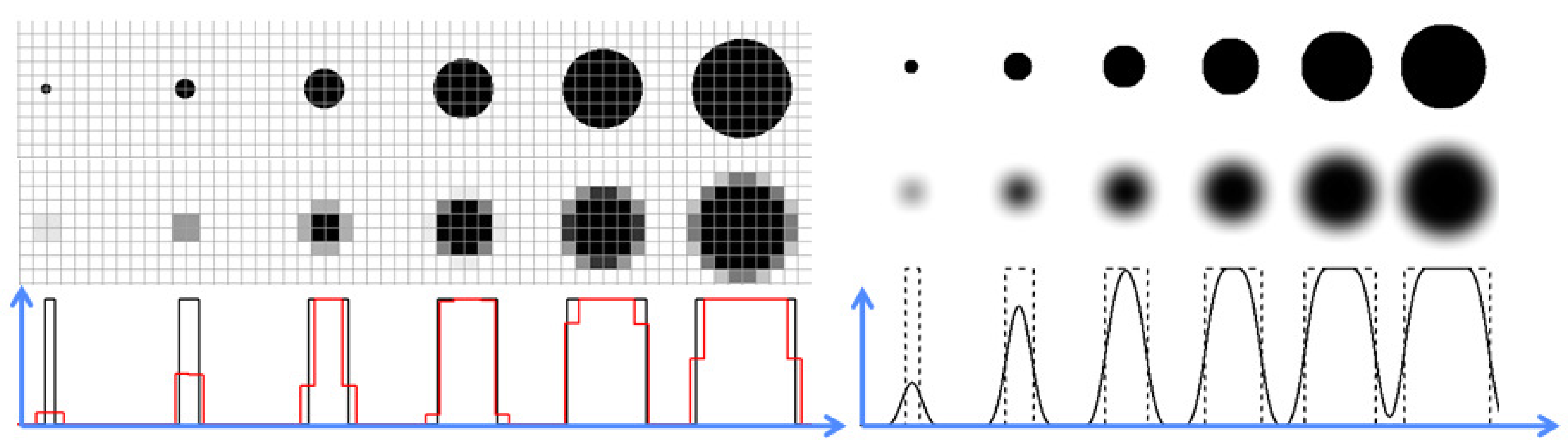 The partial volume effect caused by the finite pixel size (left), and by the finite system PSF (right). The first row shows the true objects, the second row illustrates the partial volume effect due to pixels and PSF, and the last row compares horizontal profiles to the true objects and the images. Objects that are small compared to the pixel size and/or the PSF are poorly represented.