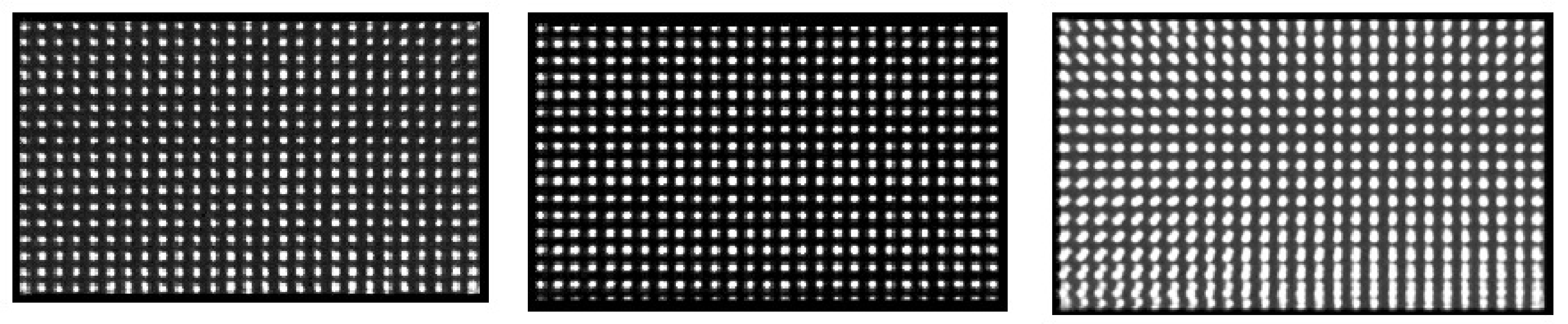 Images of a dot phantom acquired on a dual head camera with a gain problem. Left: image acquired on head 1. Center: image simultaneously acquired on head 2. Right: superimposed images: head1 + mirror image of head2. The superimposed image is blurred because the heads have a different pixel size.